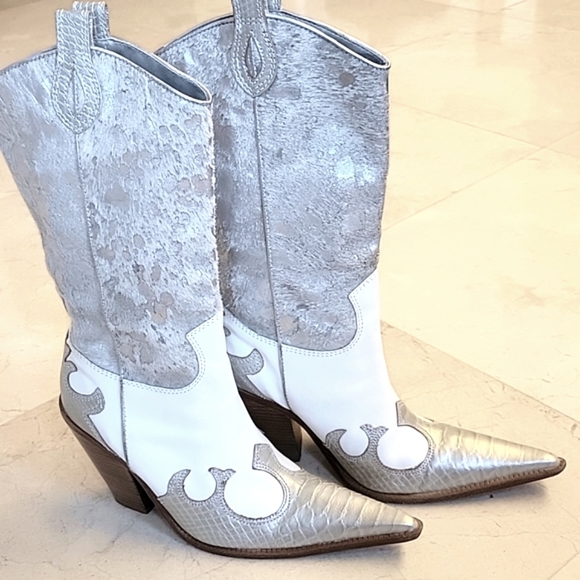 PARA RAIO Genuine Leather Western Silver & White Cowgirl Boots, Sz 9 - Picture 4 of 16